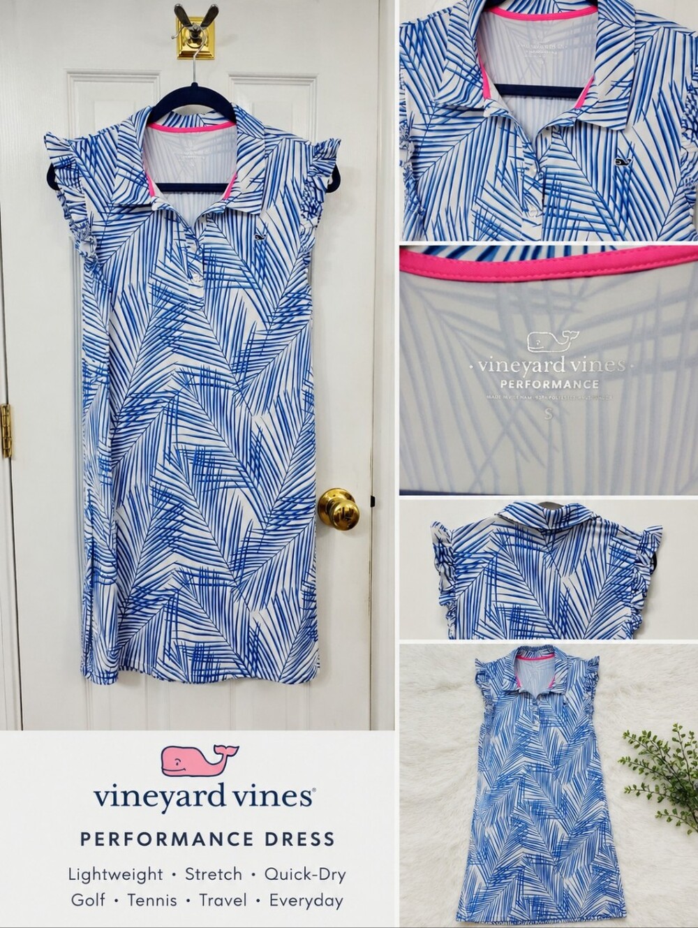 NWOT Vineyard Vines Blue and White Palm-Leaf Polo Midi Dress(No. 104)